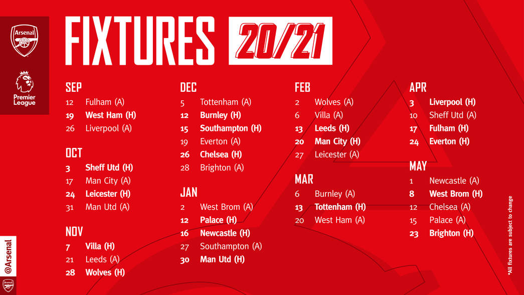 Arsenal 2020-21 premier League fixtures