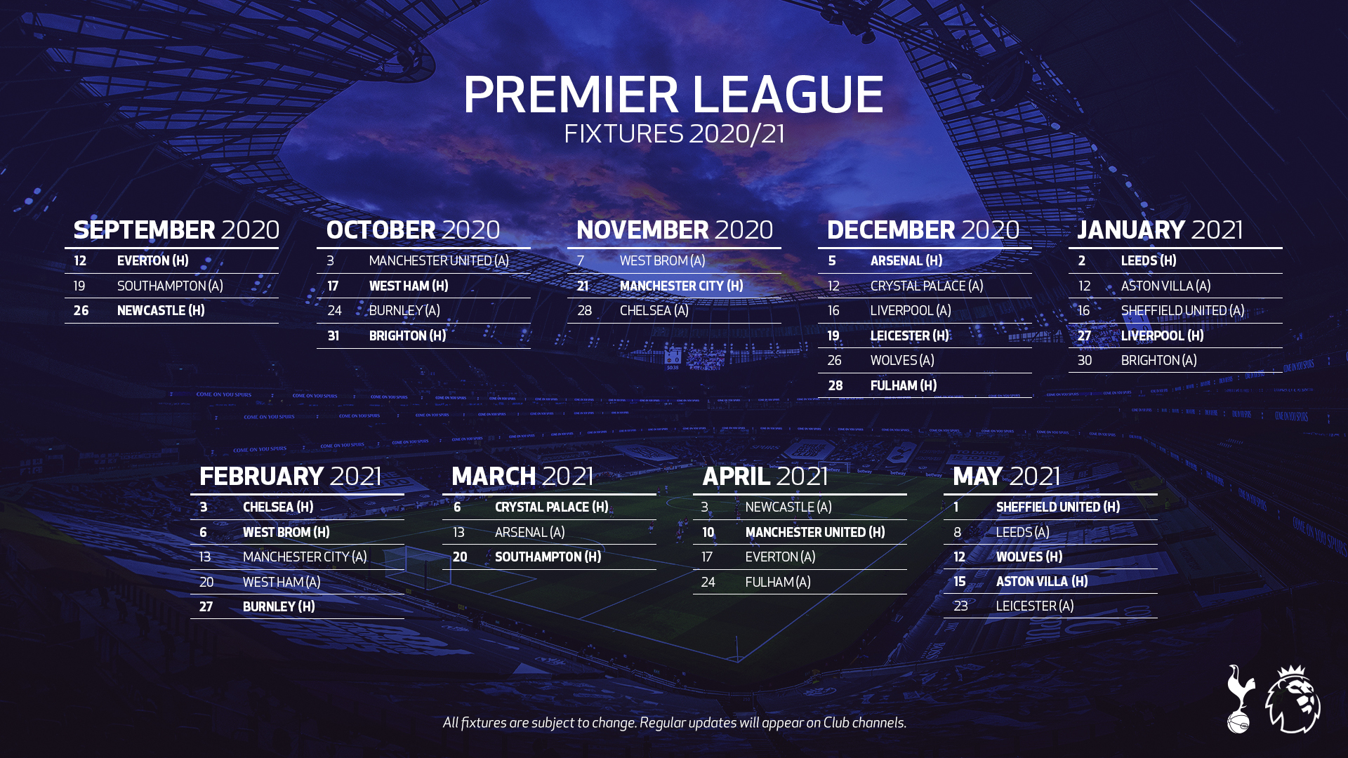 Tottenham Hotspur 2020-21 premier league Fixtures