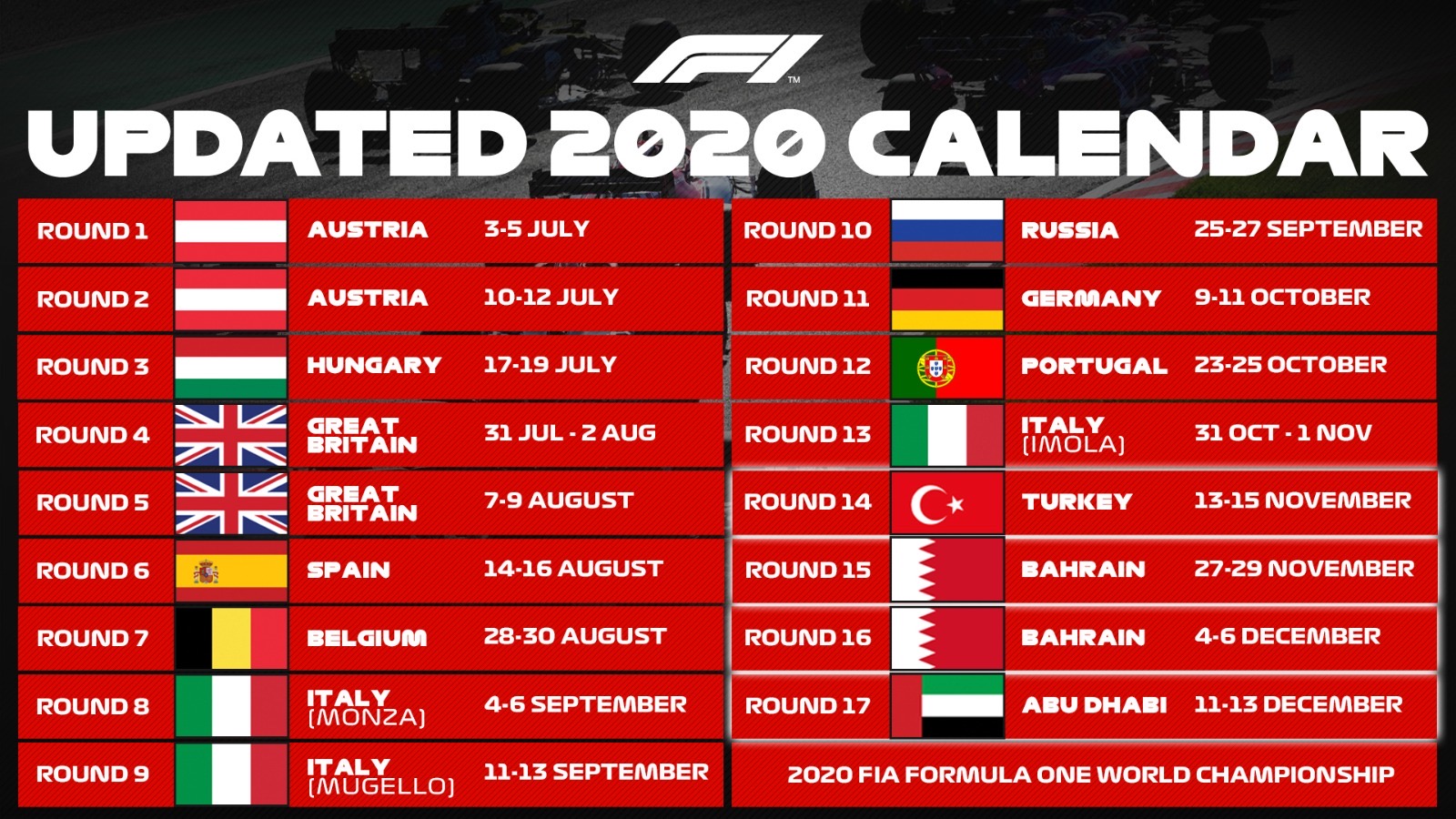 Updated F1 calendar
