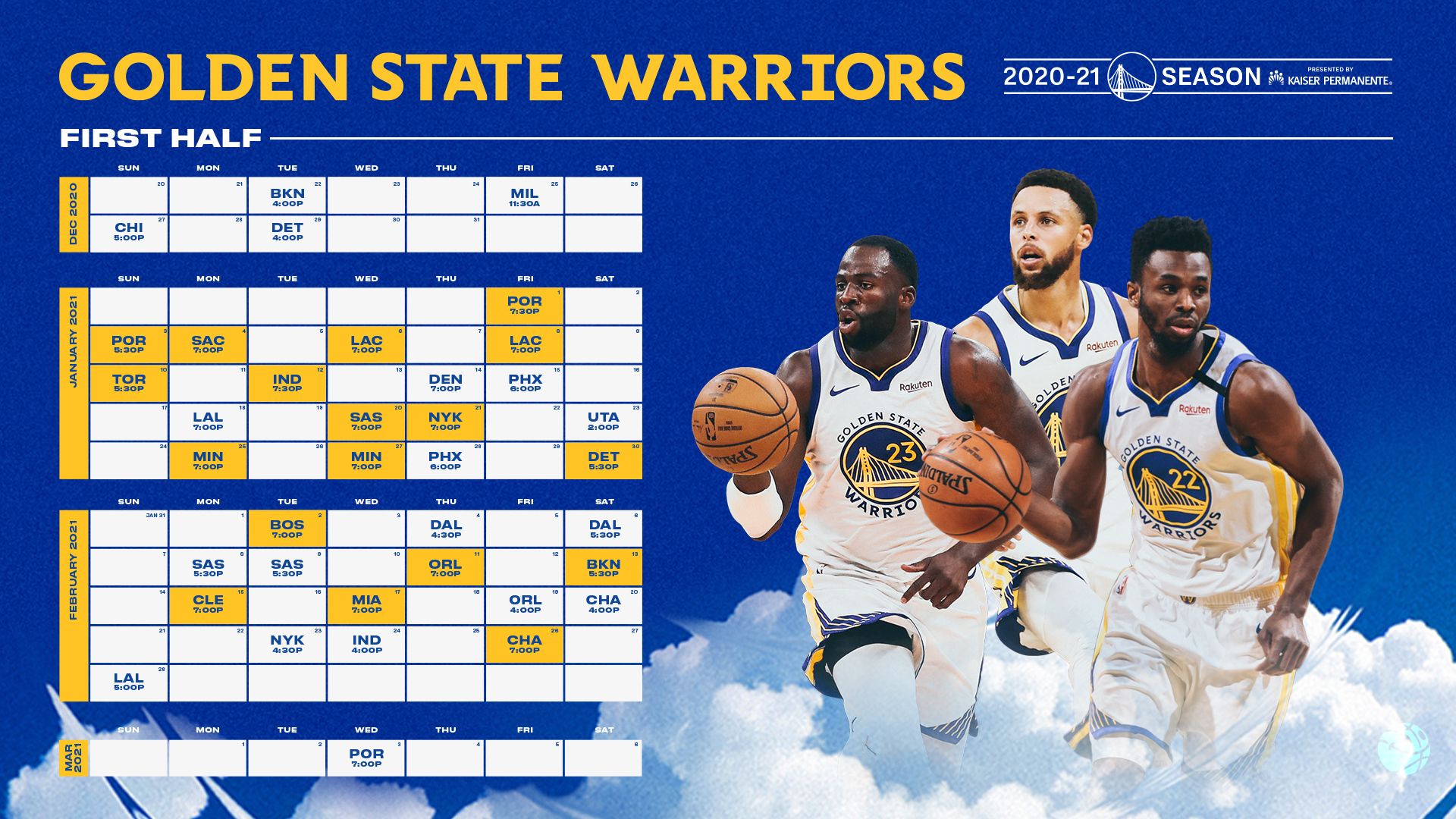 Nba Golden State Warriors 2020 21 Season First Half Schedule