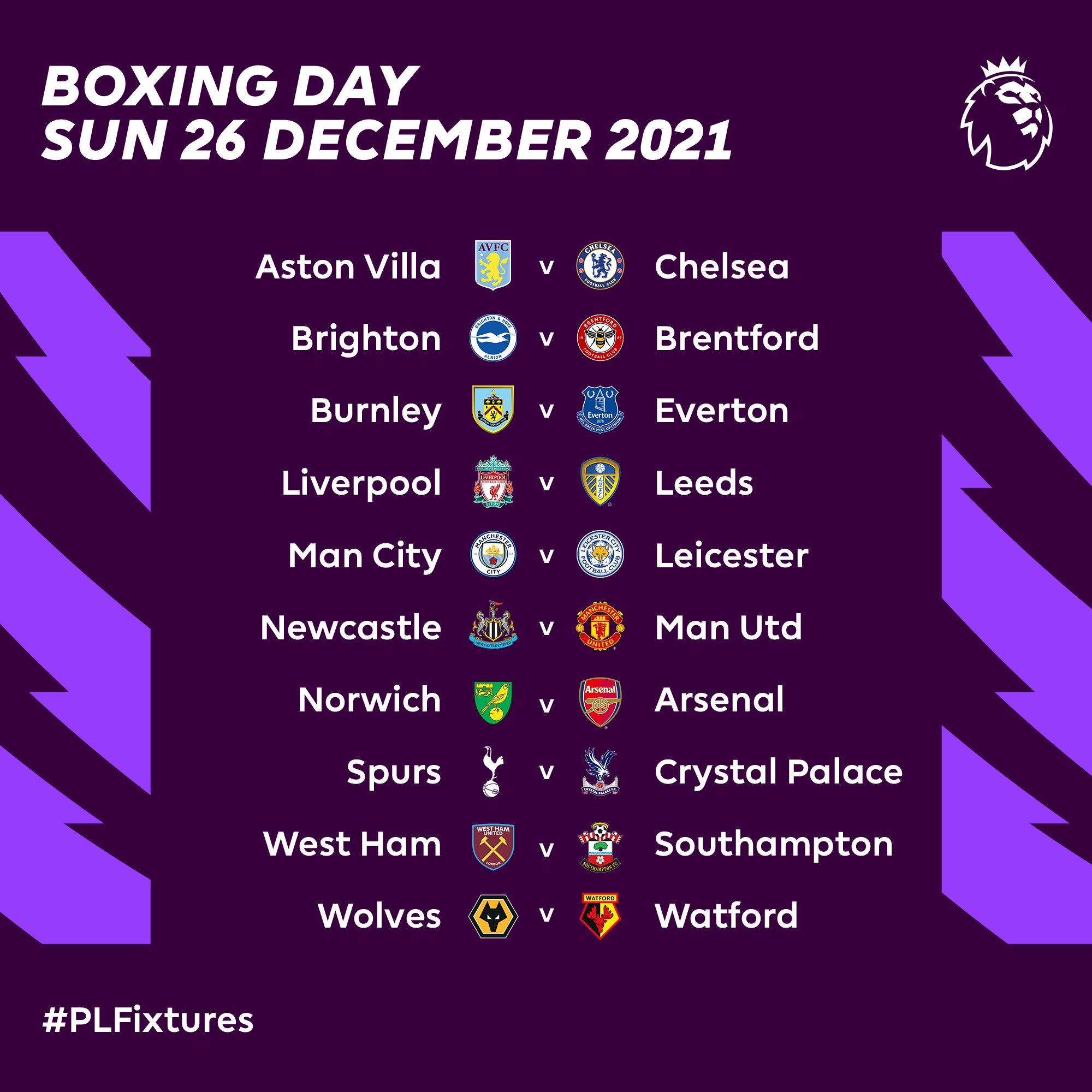 2021-22 Boxing Day Premier League Fixtures