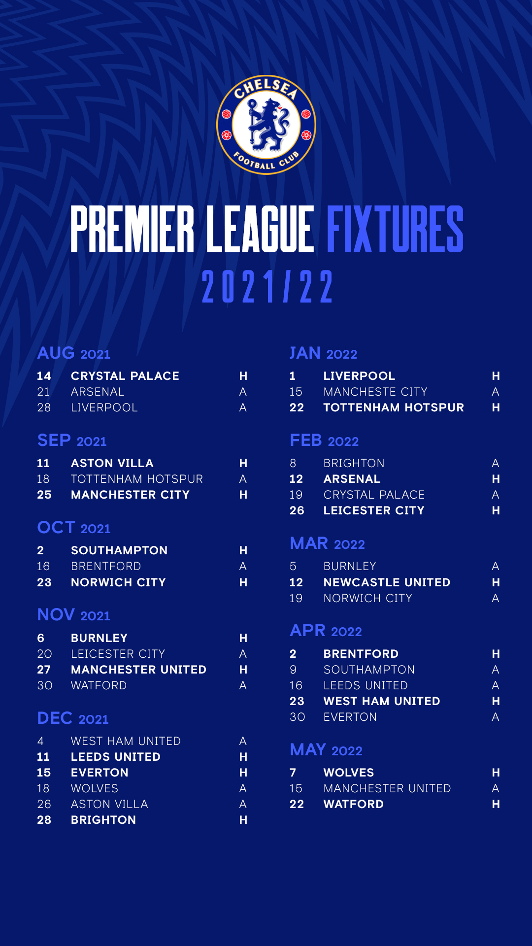 Chelsea premier league 2021-22 fixtures
