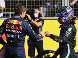 Lewis congratulates Max after the Sprint qualifying.