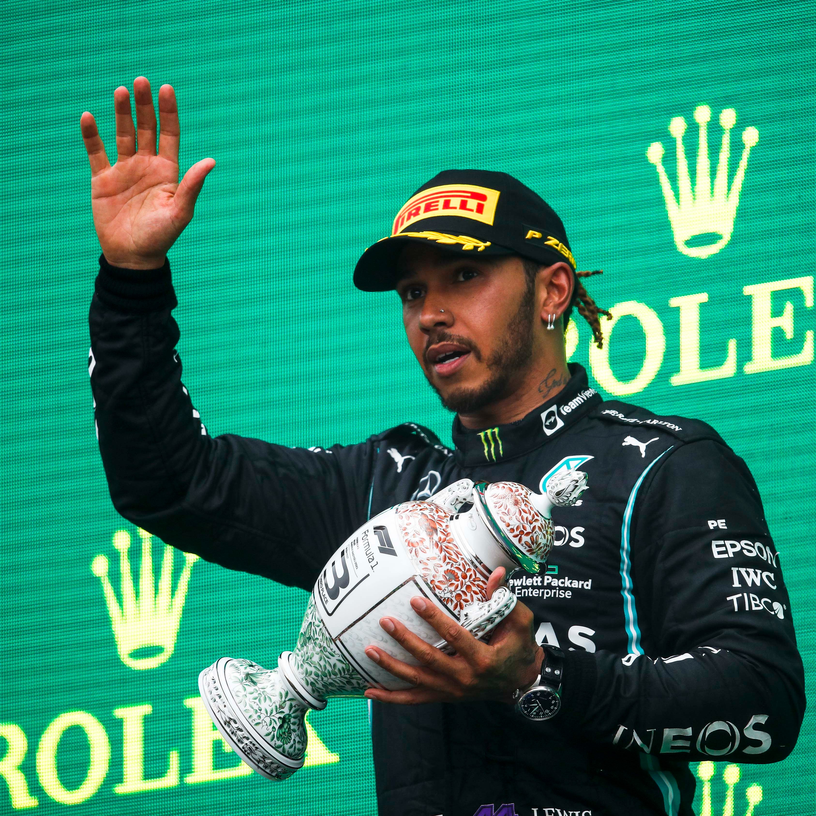 Lewis with Hungarian GP trophy