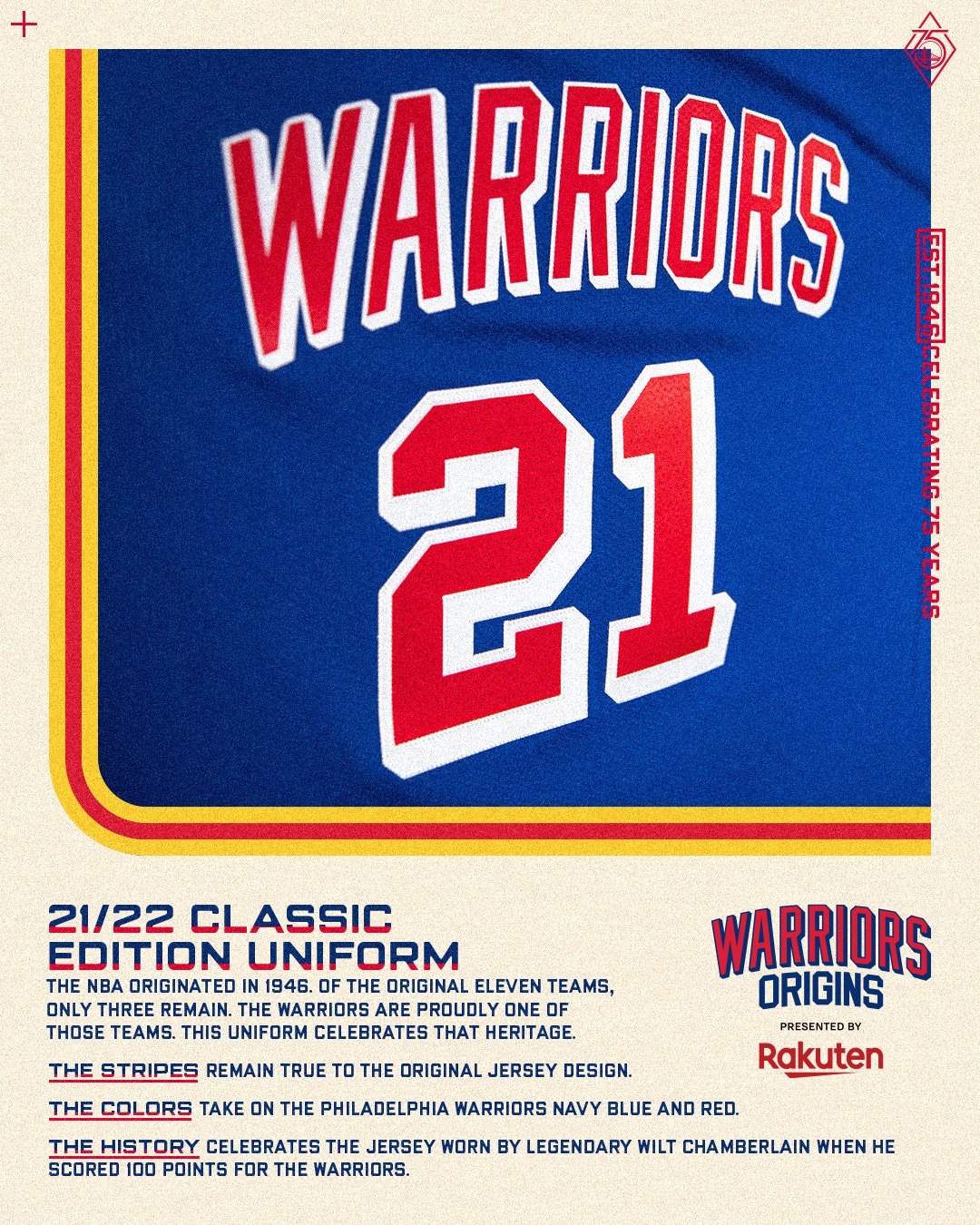 Warriors Unveil 2021-22 Warriors Origins Jersey, Presented by Rakuten,  Ahead of 75th Anniversary Season