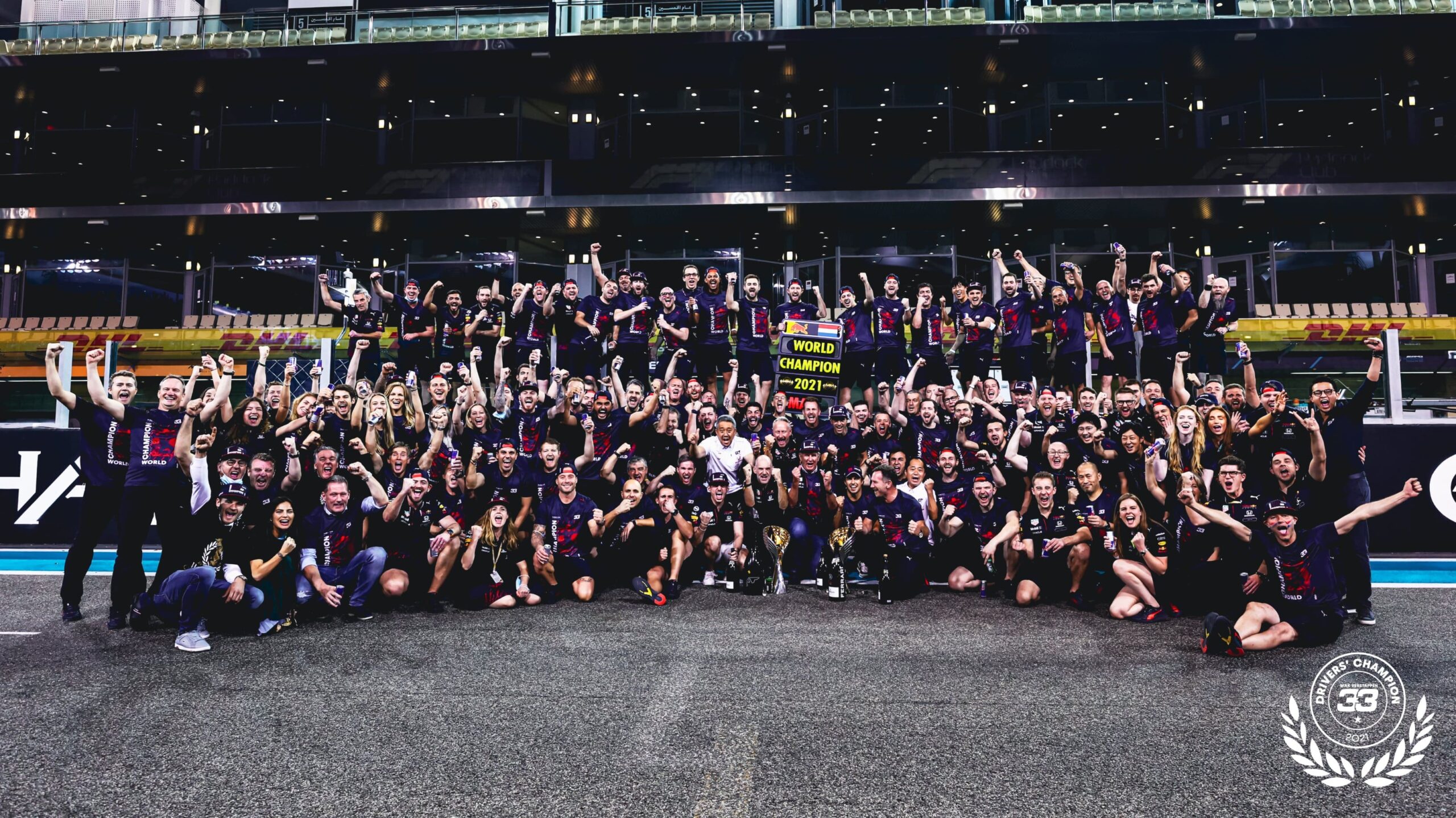 Red Bull team photo after Max winning the 2021 title