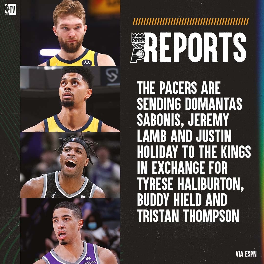 Pacers Nation on X: The trade with the Kings involves Domas Sabonis,  Jeremy Lamb, Justin Holiday, and a 2027 Second-Round Pick for Tyrese  Haliburton, Buddy Hield, and Tristan Thompson 🤯  /